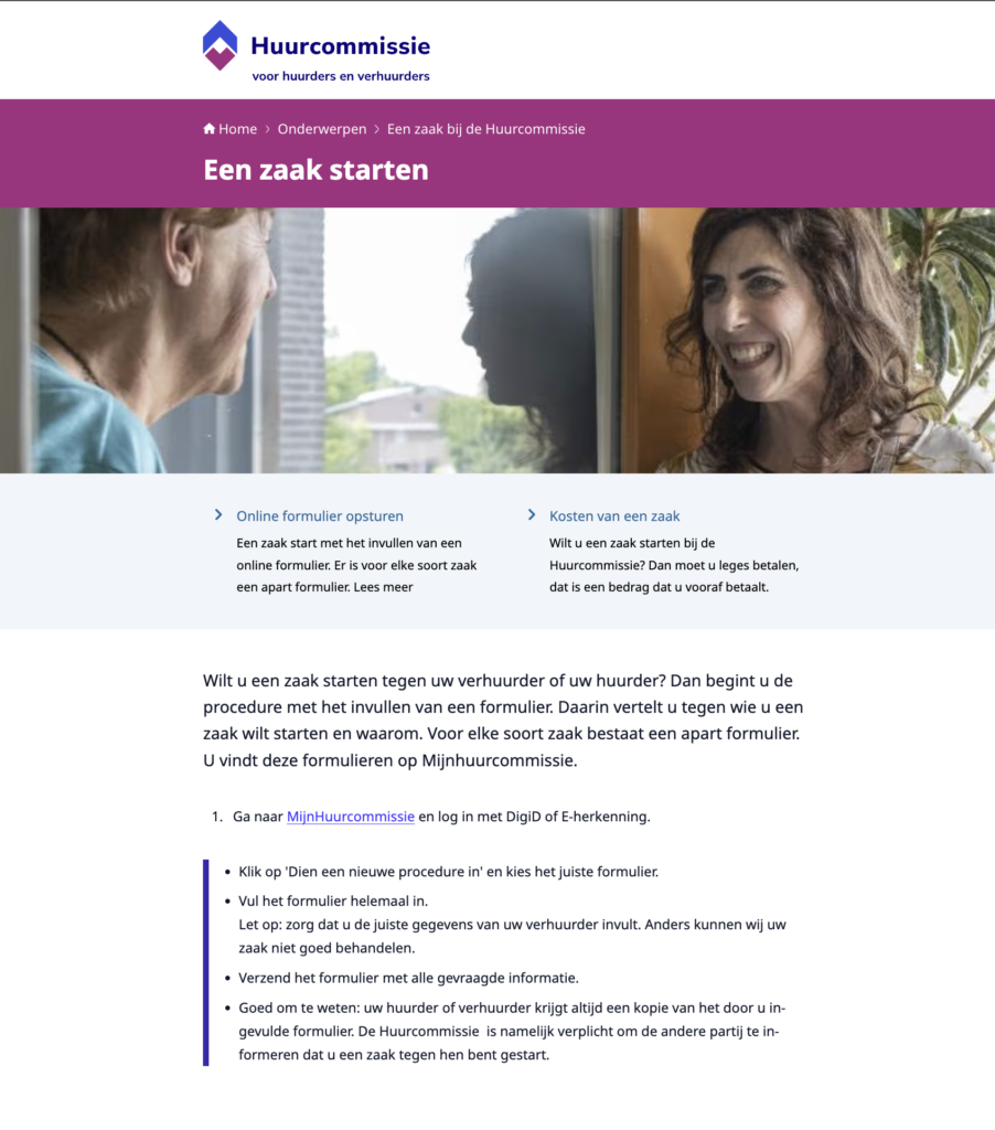 Huurcommissie website: where to file an official complaint as a tenant in the Netherlands