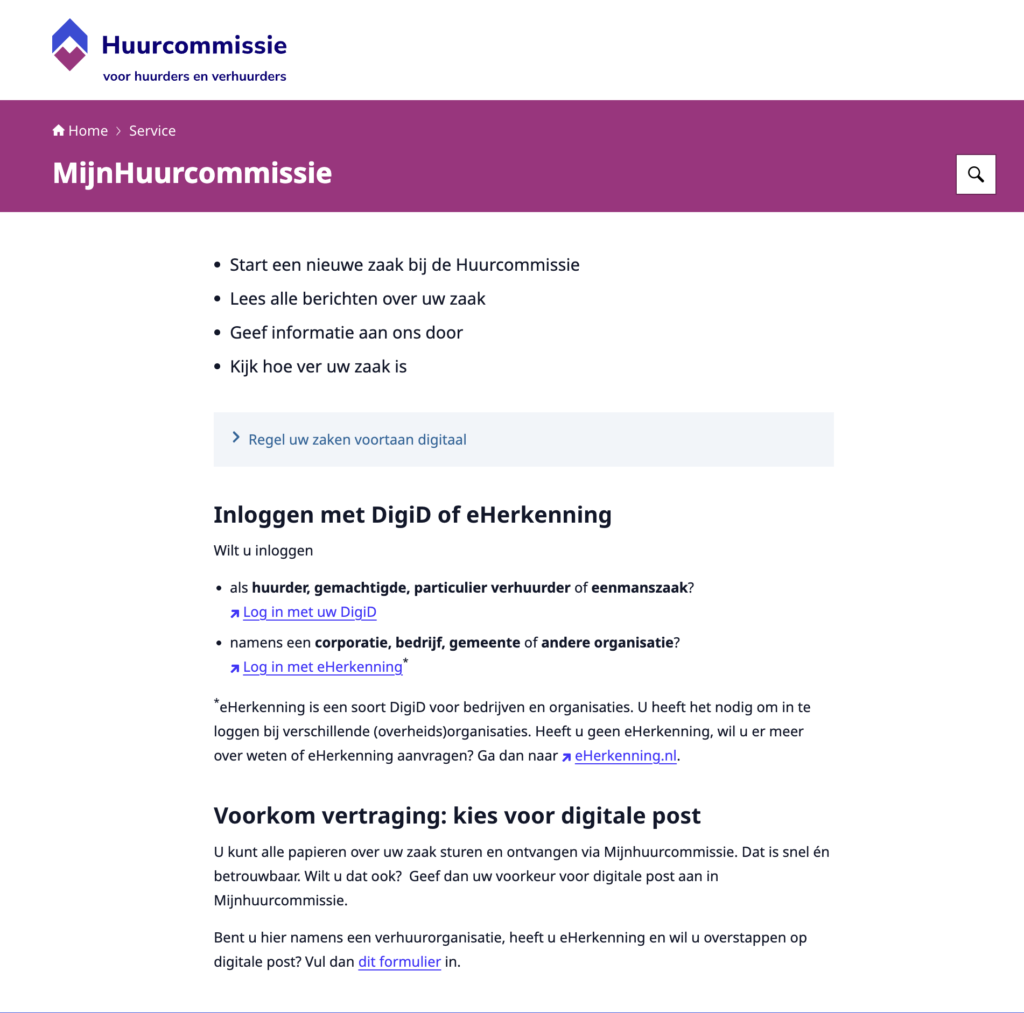 MijnHuurcommissie portal: the online entry point to file a Huurcommissie complaint with DigiD