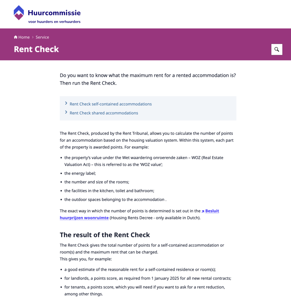 Huurcommissie Rent Check tool in English: verify if your rent is too high in the Netherlands